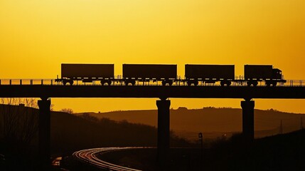 Wall Mural - Silhouette of a freight train moving across a bridge golden hour lighting vast landscape below deep shadows industrial power and motion dynamic and captivating scene connection between transportation