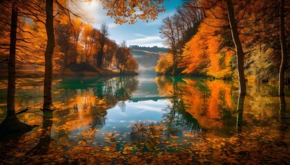 Poster - Trees reflected in the water in Autumn