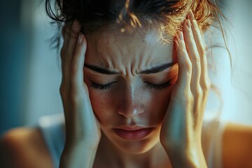 Agitated Woman Holding Her Head in a Moment of Stress