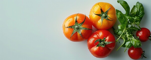 Wall Mural - Fresh Tomatoes and Basil on Light Background  Vibrant, Juicy, Organic Vegetables