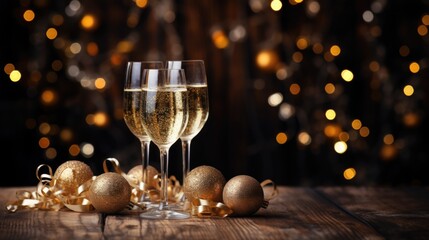 Champagne flutes and gold ornaments on a wooden table