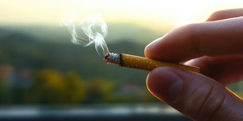 A smoker hand holds a smoking cigarette against a natural landscape. Air pollution, passive smoking