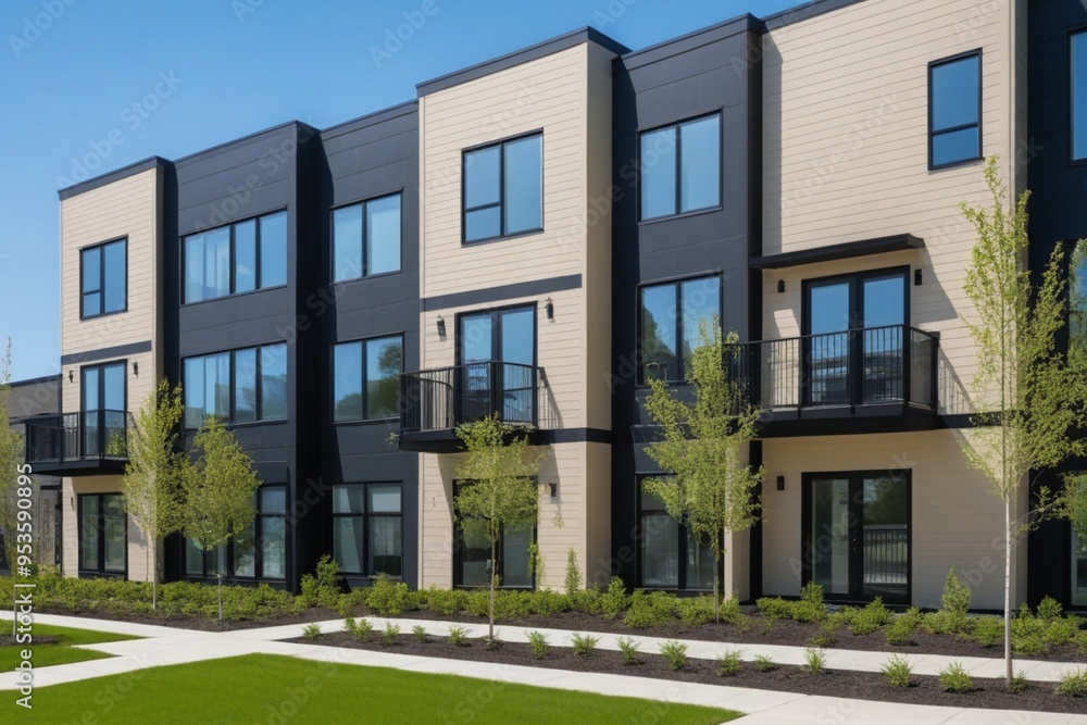 View of Stylish multifamily building clad in beige and black Hardie plank ...