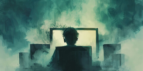 A person sits at a desk with headphones, intently looking at a bright computer screen surrounded by darkness