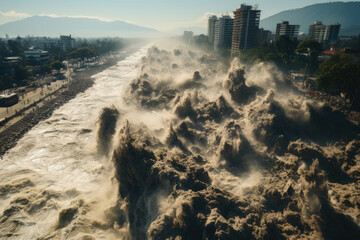 Powerful waves surge toward the shore, creating dramatic splashes against urban structures as storm clouds loom overhead