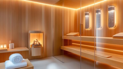 Sticker - A sleek, modern sauna with transparent, wallmounted heaters that provide a relaxing, warm atmosphere