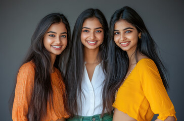 Wall Mural - three women, one with long brown hair wearing a white shirt and green jeans, the second woman has medium-length black hair in an orange blouse,