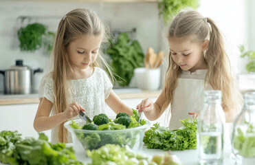 Canvas Print - Two young girls, around the age of ten years old and with black hair in pigtails, are making vegetable sandwiches at home on a wooden table