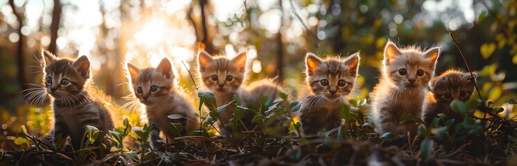 Wall Mural - Cute kittens playing in grass at sunset