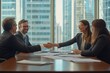 © YURIMA - A vital meeting showcases a handshake representing respect and agreement, highlighting collaboration and communication for future opportunities, partnerships, and success against skyscrapers
