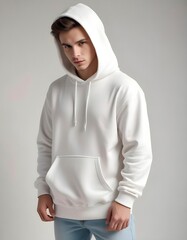 Wall Mural - White hoodie mockup, man, soft diffused light creates soft shadows., pastel, soft tones, blur, muted colors, long exposition blur motion, generative ai