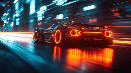 Futuristic Sport Car Driving at Night with Neon Lights