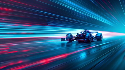 A modern single-seater racing car zooms along a track with dynamic light streaks illustrating high speed and technology