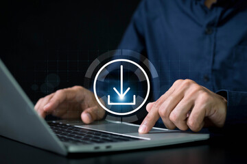 Businessman using laptop to downloading data or documents files. cloud storage technology, backup cyber security system