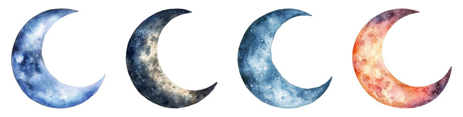 Watercolor crescent moon PNG set