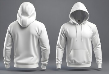 Wall Mural - White hoodie package mockup, front view shows unique stitching details, and back view shows fabric texture, high detail, volumetric lighting, dimensional 3D illumination, generative ai