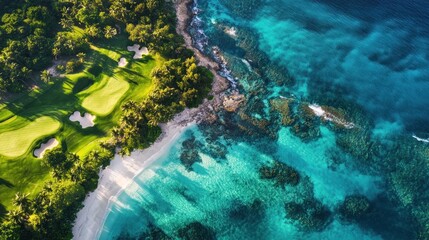 Sticker - Aerial View of a Golf Course and Turquoise Ocean