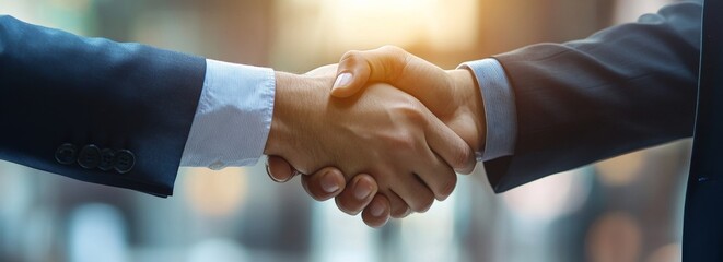 Poster - A successful business partnership is often symbolized by a handshake that happens in a professional environment, indicating mutual agreement and collaboration between involved parties