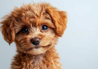 Wall Mural - Cute fluffy portrait smile Puppy dog Poodle that looking at camera isolated on white background, funny moment, lovely dog, pet concept