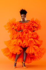 Wall Mural - A woman in a long orange dress is posing for a photo