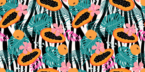 Seamless pattern with exotic fruit papaya. Tropical floral summer print with monstera, palm leaves. Vector graphics.