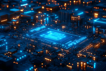 Wall Mural - Futuristic Circuit Board with Glowing Blue Processor