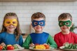 © Natalia - Kids in superhero costumes helping to serve Thanksgiving dinner to their family, embodying the spirit of giving and teamwork, Superhero Thanksgiving, helpful heroes
