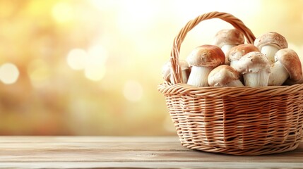 Wicker basket and fresh champignon mushrooms on wooden table against blurred background with space for text. Cooking delicious organic food boletus mushroom