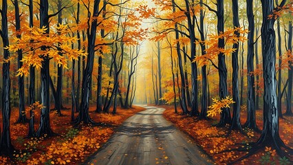 Poster - A winding road through an autumn forest, with vibrant yellow leaves.