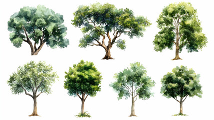 Sticker - Watercolor Illustration of Six Different Tree Species