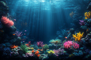 Underwater with colorful sea life fishes and plant at seabed background, Colorful Coral reef landscape in the deep of ocean. Marine life concept, Underwater world scene