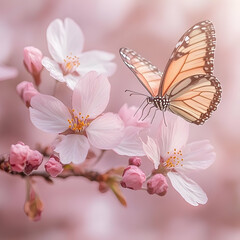 Wall Mural - Butterfly on Pink Cherry Blossom Branch