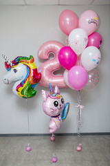 Wall Mural - lots of pink helium balloons at the party, a cat and unicorn shaped balloon and a pink number 2 balloon