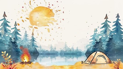 Watercolor camping scene at sunrise by a lake with a tent and campfire.