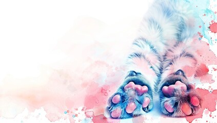 Wall Mural - Watercolor illustration of blue and pink paw prints with a soft background.