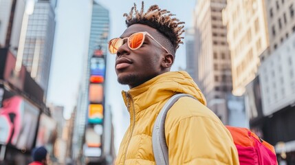 A young man with a vibrant hairstyle and a yellow puffer jacket confidently explores the city, his sunglasses reflecting the urban landscape.