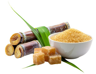 brown sugar on a wooden bowl and sugar cane on a transparent background