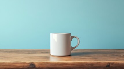 Wall Mural - A white coffee cup sits on a wooden table