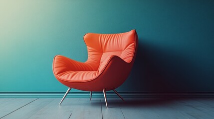 A red leather chair sits in front of a blue wall