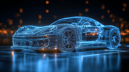 Wall Mural - A blue, glowing wireframe sports car with a blurred city background.