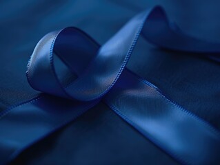 Wall Mural - A blue ribbon is shown in a close up. The ribbon is long and has a shiny, metallic appearance