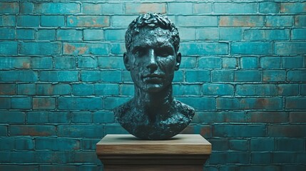 Wall Mural - A statue of a man is sitting on a pedestal in front of a blue brick wall