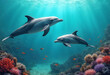 © R_Creations - Two dolphins swimming near a vibrant coral reef under clear turquoise water, surrounded by colorful fish and corals.