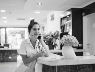 Wall Mural - A woman in a white uniform is talking on a cell phone while sitting at a counter. She is smiling and she is in a good mood