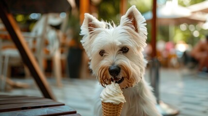 Wall Mural - A white dog is eating an ice cream cone. The dog is sitting on a wooden bench. The bench is surrounded by chairs. The scene is outdoors and he is a casual, relaxed atmosphere