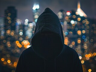 A person is wearing a hoodie and standing in front of a city skyline. The image has a moody and mysterious feel to it, as the person is partially hidden by the hoodie