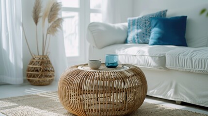 Wall Mural - A living room with a white couch and a coffee table with a blue vase and a blue cup