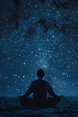 Wall Mural - a man is sitting in the middle of a field of stars. the sky is dark and the stars are shining bright