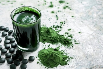 Wall Mural - A glass of green juice is on a table with a pile of green powder. The juice is full and the powder is scattered around it