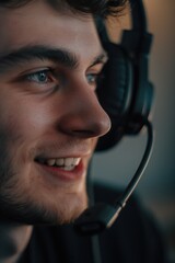 Poster - A man wearing a headset is smiling. Concept of happiness and enjoyment. The man is engaged in an activity, possibly a video game or a phone call, and is having a good time